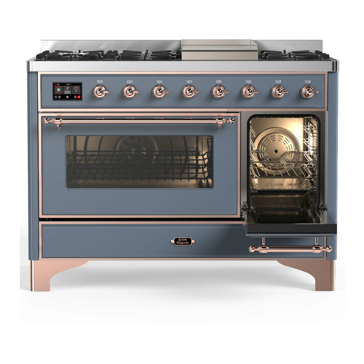 ILVE Majestic III 48-inch Dual Fuel Range with 5 Natural Gas Burner, Griddle and Triple Glass Door Electric Oven in Blue Grey with Copper Trim (UM48FNR3BGP)
