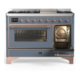ILVE Majestic III 48-inch Dual Fuel Range with 5 Natural Gas Burner, Griddle and Triple Glass Door Electric Oven in Blue Grey with Copper Trim (UM48FNR3BGP)