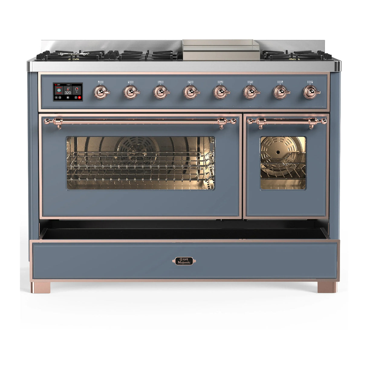 ILVE Majestic III 48-inch Dual Fuel Range with 5 Liquid Propane Burner, Griddle and Triple Glass Door Electric Oven in Blue Grey with Copper Trim (UM48FNR3BGPLP)