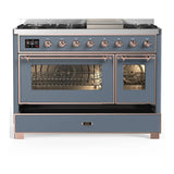 ILVE Majestic III 48-inch Dual Fuel Range with 5 Liquid Propane Burner, Griddle and Triple Glass Door Electric Oven in Blue Grey with Copper Trim (UM48FNR3BGPLP)
