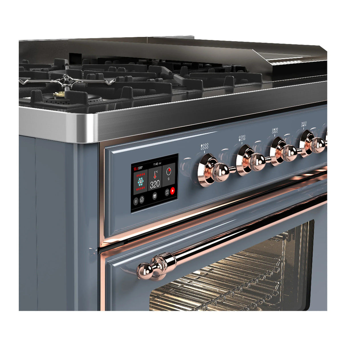 ILVE Majestic III 48-inch Dual Fuel Range with 5 Natural Gas Burner, Griddle and Triple Glass Door Electric Oven in Blue Grey with Copper Trim (UM48FNR3BGP)
