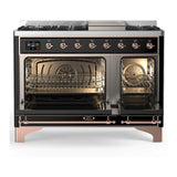 ILVE Majestic III 48-inch Dual Fuel Range with 5 Natural Gas Burner, Griddle and Triple Glass Door Electric Oven in Glossy Black with Copper Trim (UM48FNR3BKP)