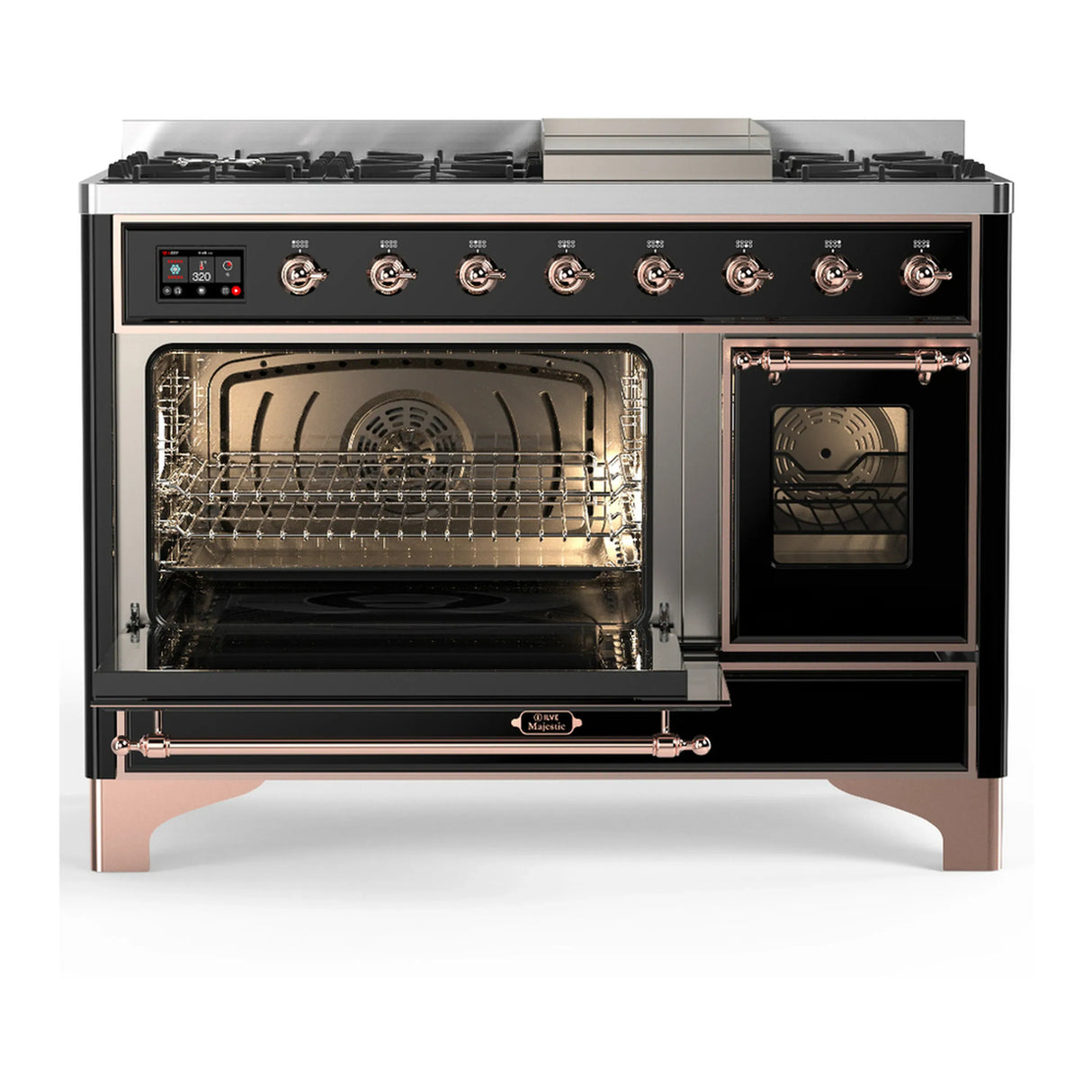 ILVE Majestic III 48-inch Dual Fuel Range with 5 Natural Gas Burner, Griddle and Triple Glass Door Electric Oven in Glossy Black with Copper Trim (UM48FNR3BKP)
