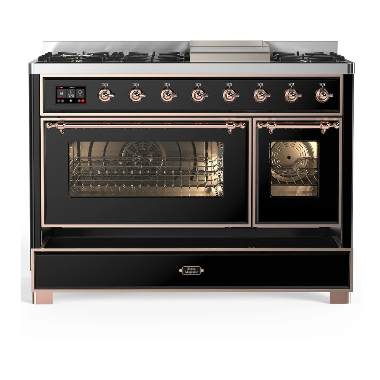 ILVE Majestic III 48-inch Dual Fuel Range with 5 Natural Gas Burner, Griddle and Triple Glass Door Electric Oven in Glossy Black with Copper Trim (UM48FNR3BKP)