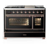 ILVE Majestic III 48-inch Dual Fuel Range with 5 Natural Gas Burner, Griddle and Triple Glass Door Electric Oven in Glossy Black with Copper Trim (UM48FNR3BKP)