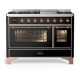 ILVE Majestic III 48-inch Dual Fuel Range with 5 Natural Gas Burner, Griddle and Triple Glass Door Electric Oven in Glossy Black with Copper Trim (UM48FNR3BKP)