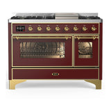 ILVE Majestic III 48-inch Dual Fuel Range with 5 Liquid Propane Burner, Griddle and Triple Glass Door Electric Oven in Burgundy with Brass Trim (UM48FNR3BUGLP)