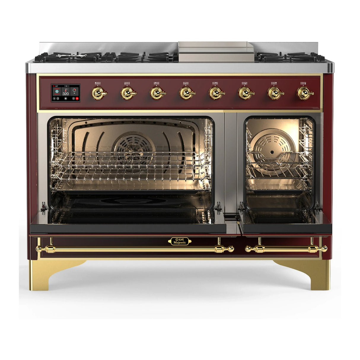 ILVE Majestic III 48-inch Dual Fuel Range with 5 Liquid Propane Burner, Griddle and Triple Glass Door Electric Oven in Burgundy with Brass Trim (UM48FNR3BUGLP)