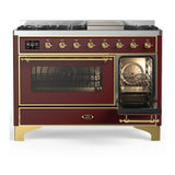 ILVE Majestic III 48-inch Dual Fuel Range with 5 Liquid Propane Burner, Griddle and Triple Glass Door Electric Oven in Burgundy with Brass Trim (UM48FNR3BUGLP)