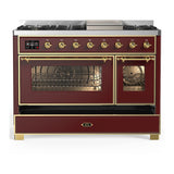 ILVE Majestic III 48-inch Dual Fuel Range with 5 Liquid Propane Burner, Griddle and Triple Glass Door Electric Oven in Burgundy with Brass Trim (UM48FNR3BUGLP)