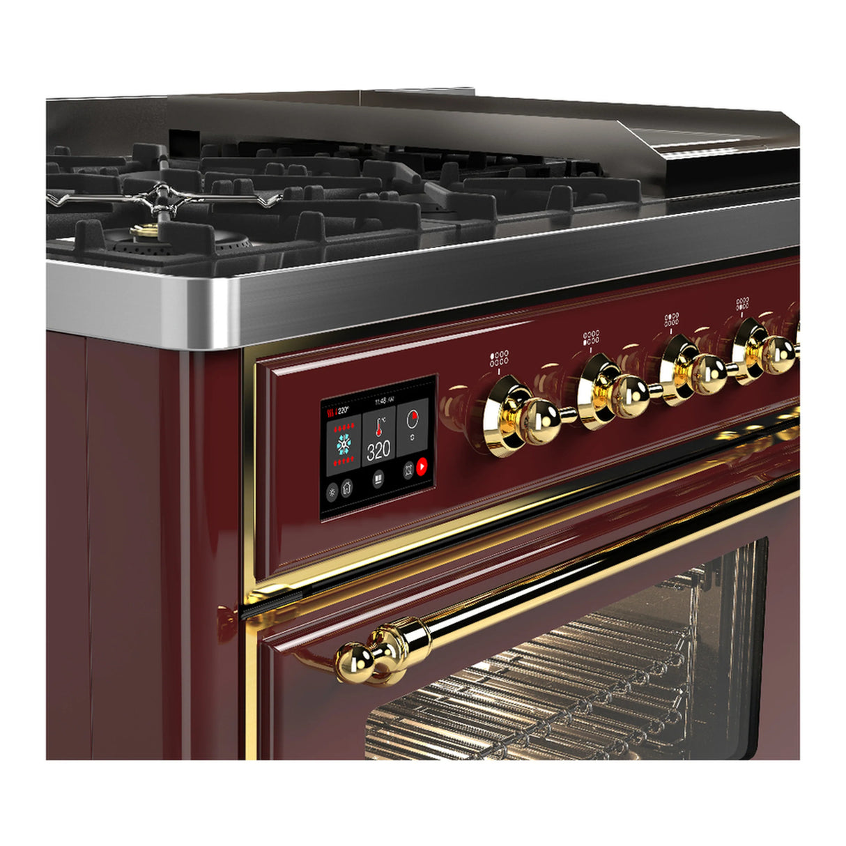 ILVE Majestic III 48-inch Dual Fuel Range with 5 Liquid Propane Burner, Griddle and Triple Glass Door Electric Oven in Burgundy with Brass Trim (UM48FNR3BUGLP)
