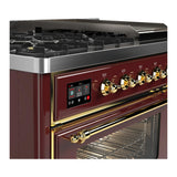 ILVE Majestic III 48-inch Dual Fuel Range with 5 Liquid Propane Burner, Griddle and Triple Glass Door Electric Oven in Burgundy with Brass Trim (UM48FNR3BUGLP)
