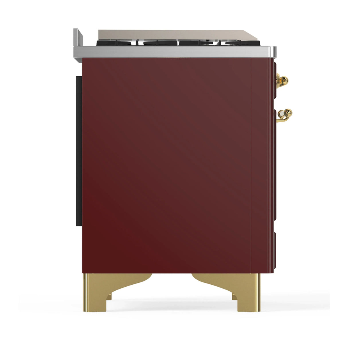 ILVE Majestic III 48-inch Dual Fuel Range with 5 Liquid Propane Burner, Griddle and Triple Glass Door Electric Oven in Burgundy with Brass Trim (UM48FNR3BUGLP)