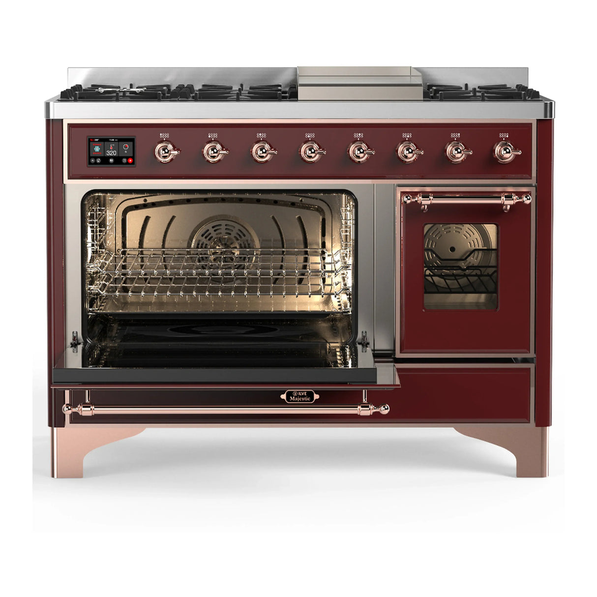 ILVE Majestic III 48-inch Dual Fuel Range with 5 Natural Gas Burner, Griddle and Triple Glass Door Electric Oven in Burgundy with Copper Trim (UM48FNR3BUP)