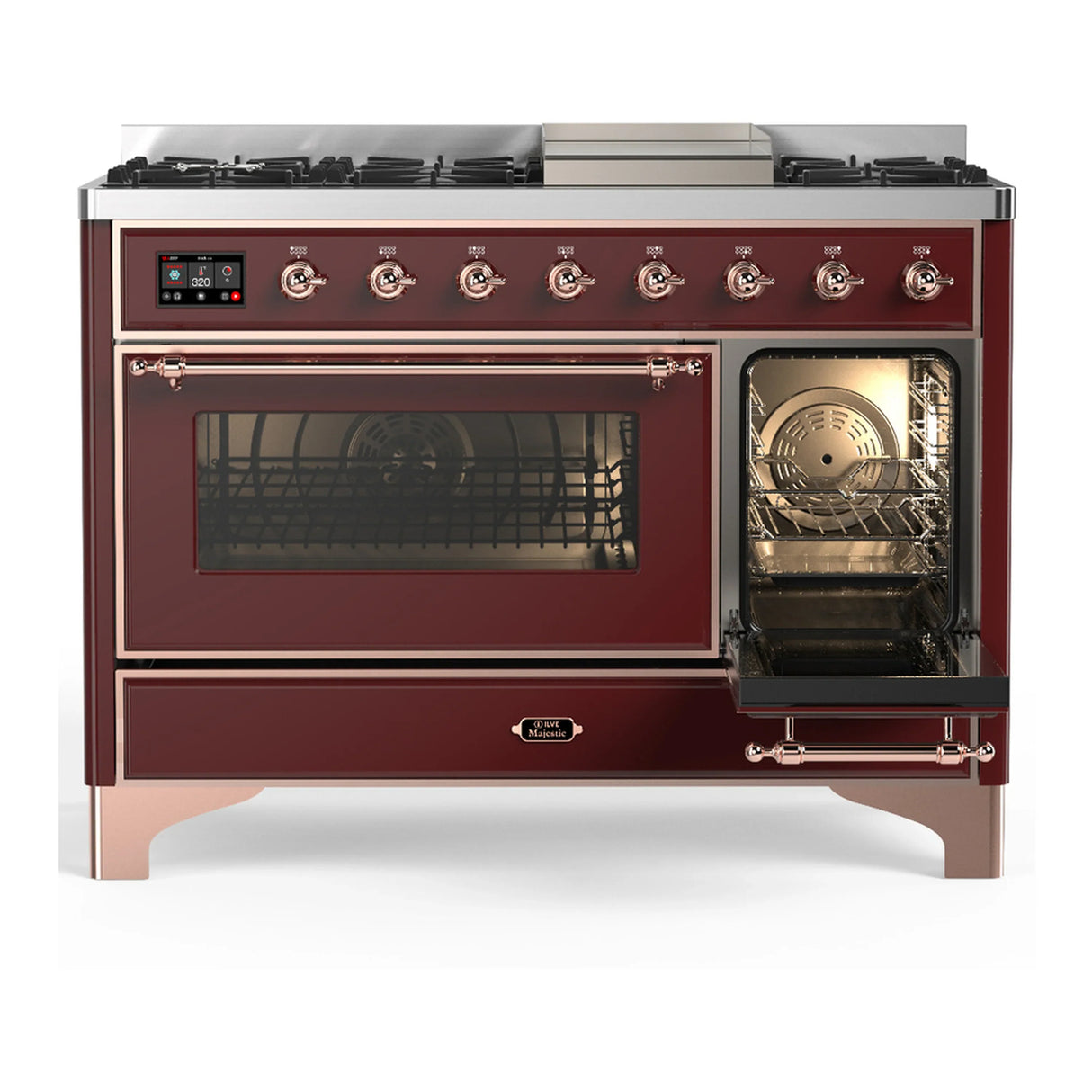 ILVE Majestic III 48-inch Dual Fuel Range with 5 Natural Gas Burner, Griddle and Triple Glass Door Electric Oven in Burgundy with Copper Trim (UM48FNR3BUP)