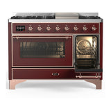 ILVE Majestic III 48-inch Dual Fuel Range with 5 Natural Gas Burner, Griddle and Triple Glass Door Electric Oven in Burgundy with Copper Trim (UM48FNR3BUP)