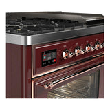 ILVE Majestic III 48-inch Dual Fuel Range with 5 Natural Gas Burner, Griddle and Triple Glass Door Electric Oven in Burgundy with Copper Trim (UM48FNR3BUP)