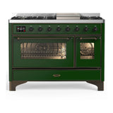 ILVE Majestic III 48-inch Dual Fuel Range with 5 Liquid Propane Burner, Griddle and Triple Glass Door Electric Oven in Emerald Green with Burnished Trim (UM48FNR3EGBLP)