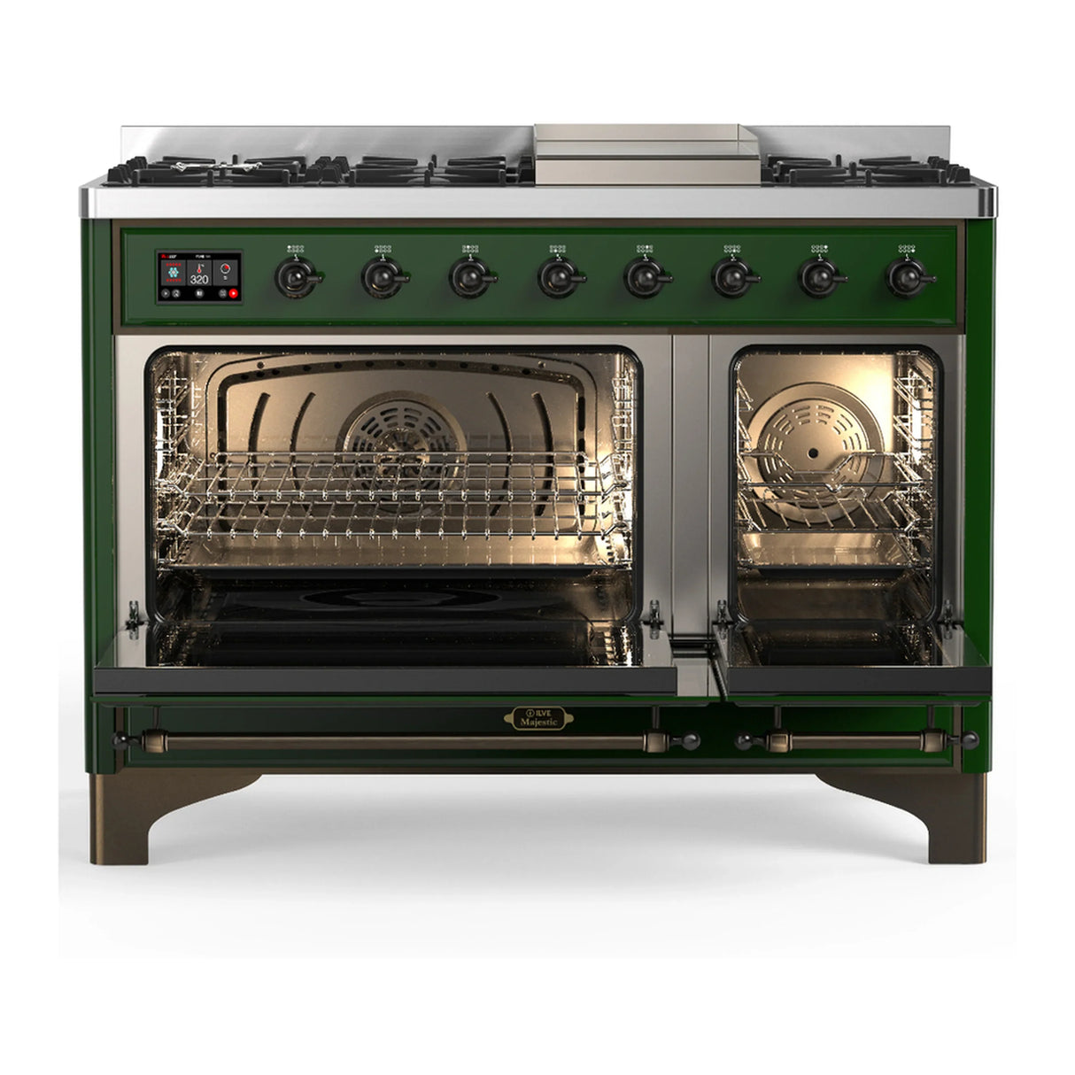 ILVE Majestic III 48-inch Dual Fuel Range with 5 Liquid Propane Burner, Griddle and Triple Glass Door Electric Oven in Emerald Green with Burnished Trim (UM48FNR3EGBLP)