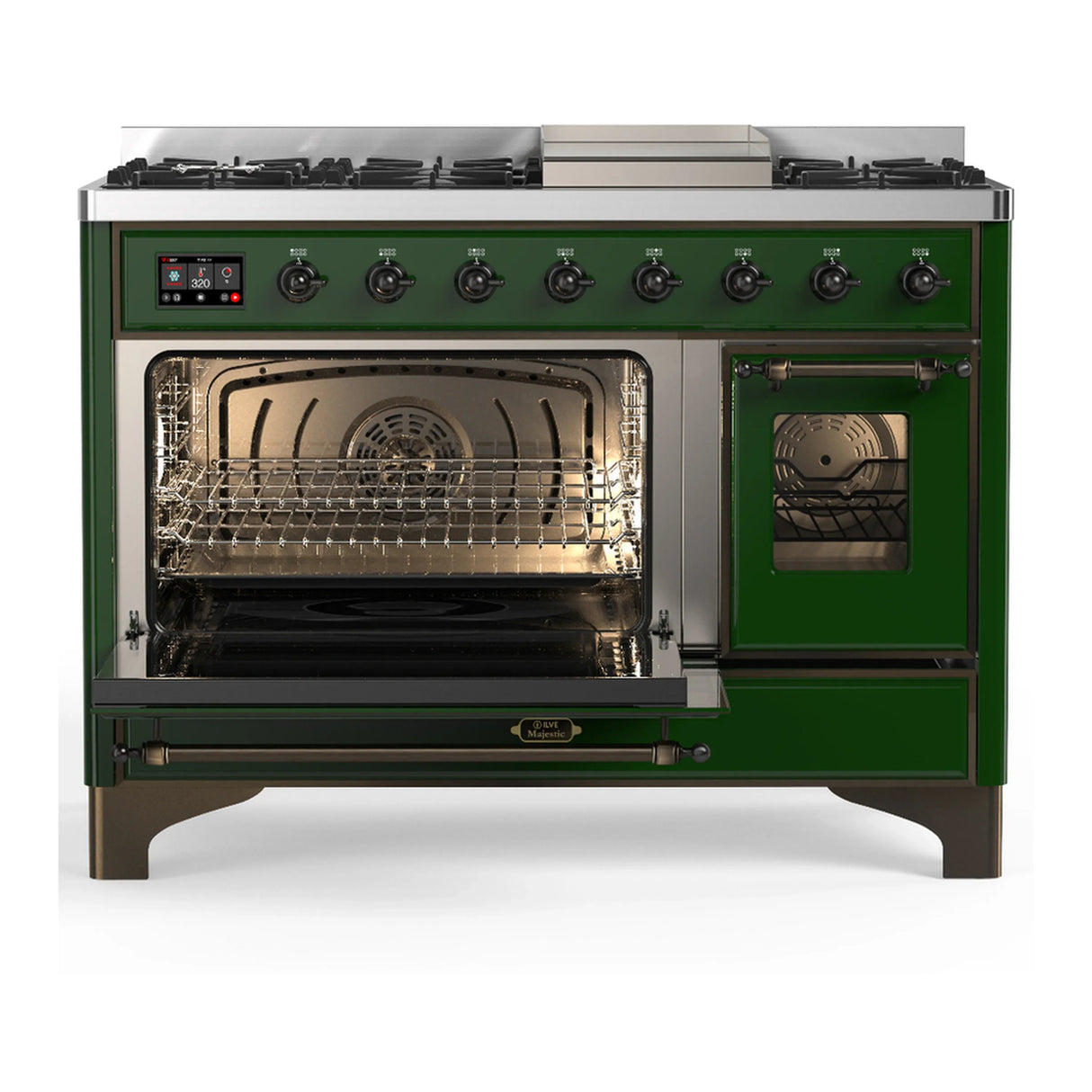 ILVE Majestic III 48-inch Dual Fuel Range with 5 Liquid Propane Burner, Griddle and Triple Glass Door Electric Oven in Emerald Green with Burnished Trim (UM48FNR3EGBLP)