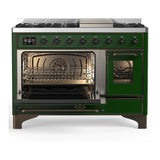 ILVE Majestic III 48-inch Dual Fuel Range with 5 Liquid Propane Burner, Griddle and Triple Glass Door Electric Oven in Emerald Green with Burnished Trim (UM48FNR3EGBLP)