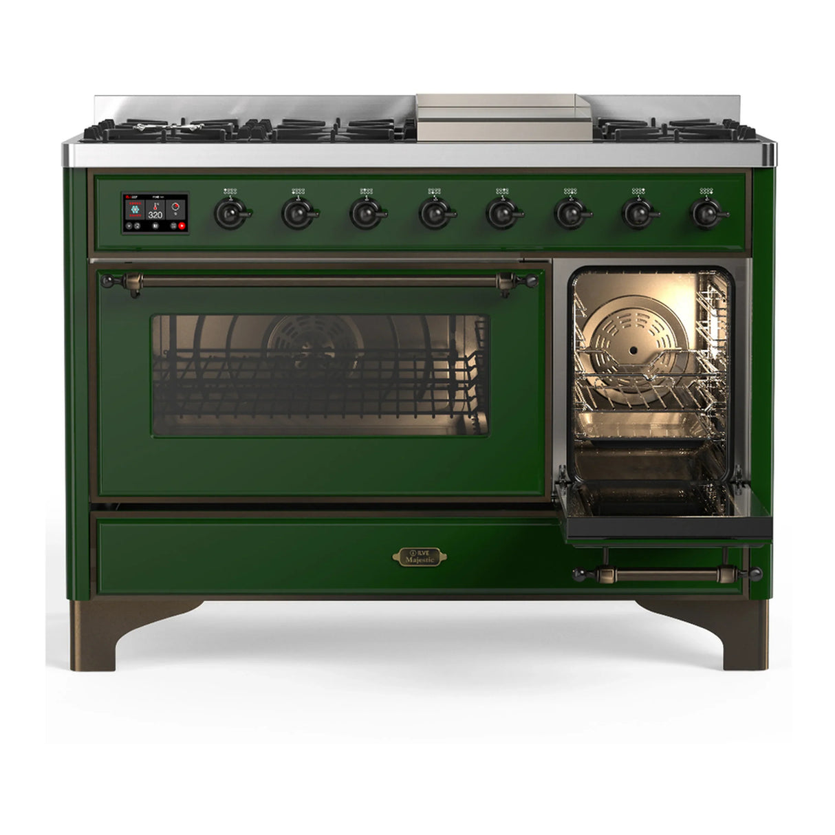 ILVE Majestic III 48-inch Dual Fuel Range with 5 Liquid Propane Burner, Griddle and Triple Glass Door Electric Oven in Emerald Green with Burnished Trim (UM48FNR3EGBLP)