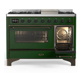 ILVE Majestic III 48-inch Dual Fuel Range with 5 Liquid Propane Burner, Griddle and Triple Glass Door Electric Oven in Emerald Green with Burnished Trim (UM48FNR3EGBLP)