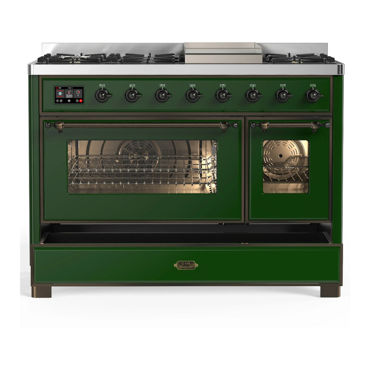 ILVE Majestic III 48-inch Dual Fuel Range with 5 Liquid Propane Burner, Griddle and Triple Glass Door Electric Oven in Emerald Green with Burnished Trim (UM48FNR3EGBLP)