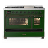 ILVE Majestic III 48-inch Dual Fuel Range with 5 Liquid Propane Burner, Griddle and Triple Glass Door Electric Oven in Emerald Green with Burnished Trim (UM48FNR3EGBLP)