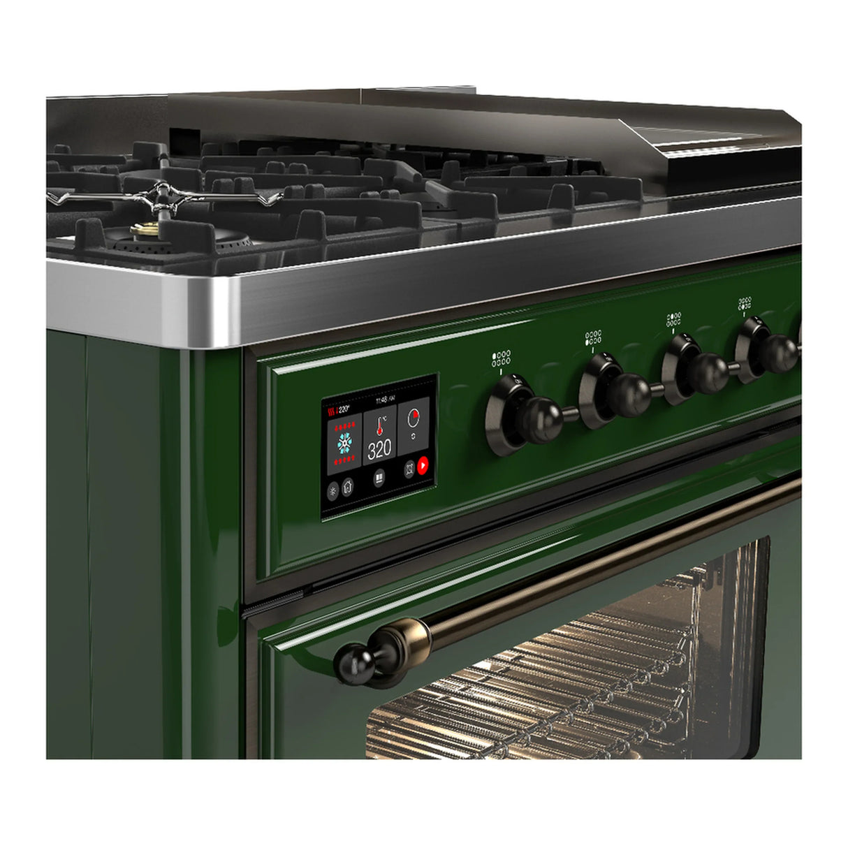 ILVE Majestic III 48-inch Dual Fuel Range with 5 Liquid Propane Burner, Griddle and Triple Glass Door Electric Oven in Emerald Green with Burnished Trim (UM48FNR3EGBLP)