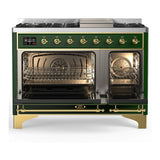 ILVE Majestic III 48-inch Dual Fuel Range with 5 Natural Gas Burner, Griddle and Triple Glass Door Electric Oven in Emerald Green with Brass Trim (UM48FNR3EGG)