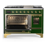 ILVE Majestic III 48-inch Dual Fuel Range with 5 Natural Gas Burner, Griddle and Triple Glass Door Electric Oven in Emerald Green with Brass Trim (UM48FNR3EGG)