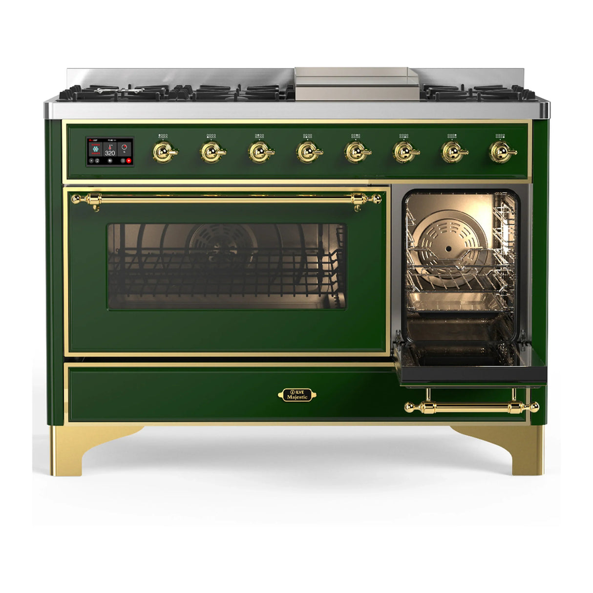 ILVE Majestic III 48-inch Dual Fuel Range with 5 Natural Gas Burner, Griddle and Triple Glass Door Electric Oven in Emerald Green with Brass Trim (UM48FNR3EGG)