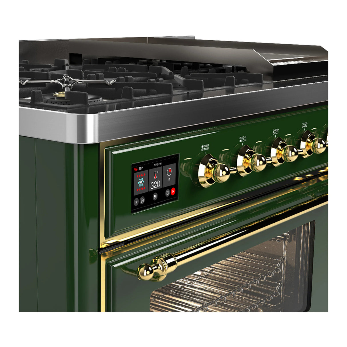 ILVE Majestic III 48-inch Dual Fuel Range with 5 Natural Gas Burner, Griddle and Triple Glass Door Electric Oven in Emerald Green with Brass Trim (UM48FNR3EGG)