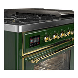 ILVE Majestic III 48-inch Dual Fuel Range with 5 Natural Gas Burner, Griddle and Triple Glass Door Electric Oven in Emerald Green with Brass Trim (UM48FNR3EGG)