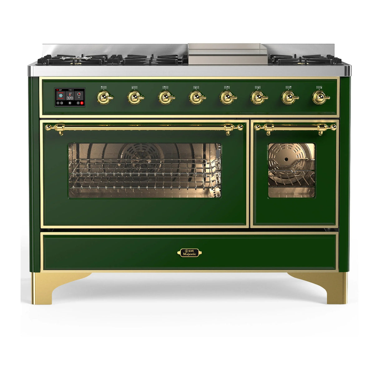 ILVE Majestic III 48-inch Dual Fuel Range with 5 Natural Gas Burner, Griddle and Triple Glass Door Electric Oven in Emerald Green with Brass Trim (UM48FNR3EGG)