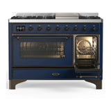 ILVE Majestic III 48-inch Dual Fuel Range with 5 Liquid Propane Burner, Griddle and Triple Glass Door Electric Oven in Midnight Blue with Burnished Trim (UM48FNR3MBBLP)