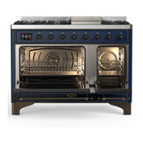 ILVE Majestic III 48-inch Dual Fuel Range with 5 Liquid Propane Burner, Griddle and Triple Glass Door Electric Oven in Midnight Blue with Copper Trim (UM48FNR3MBPLP)