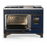 ILVE Majestic III 48-inch Dual Fuel Range with 5 Natural Gas Burner, Griddle and Triple Glass Door Electric Oven in Midnight Blue with Copper Trim (UM48FNR3MBP)