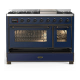 ILVE Majestic III 48-inch Dual Fuel Range with 5 Natural Gas Burner, Griddle and Triple Glass Door Electric Oven in Midnight Blue with Copper Trim (UM48FNR3MBP)