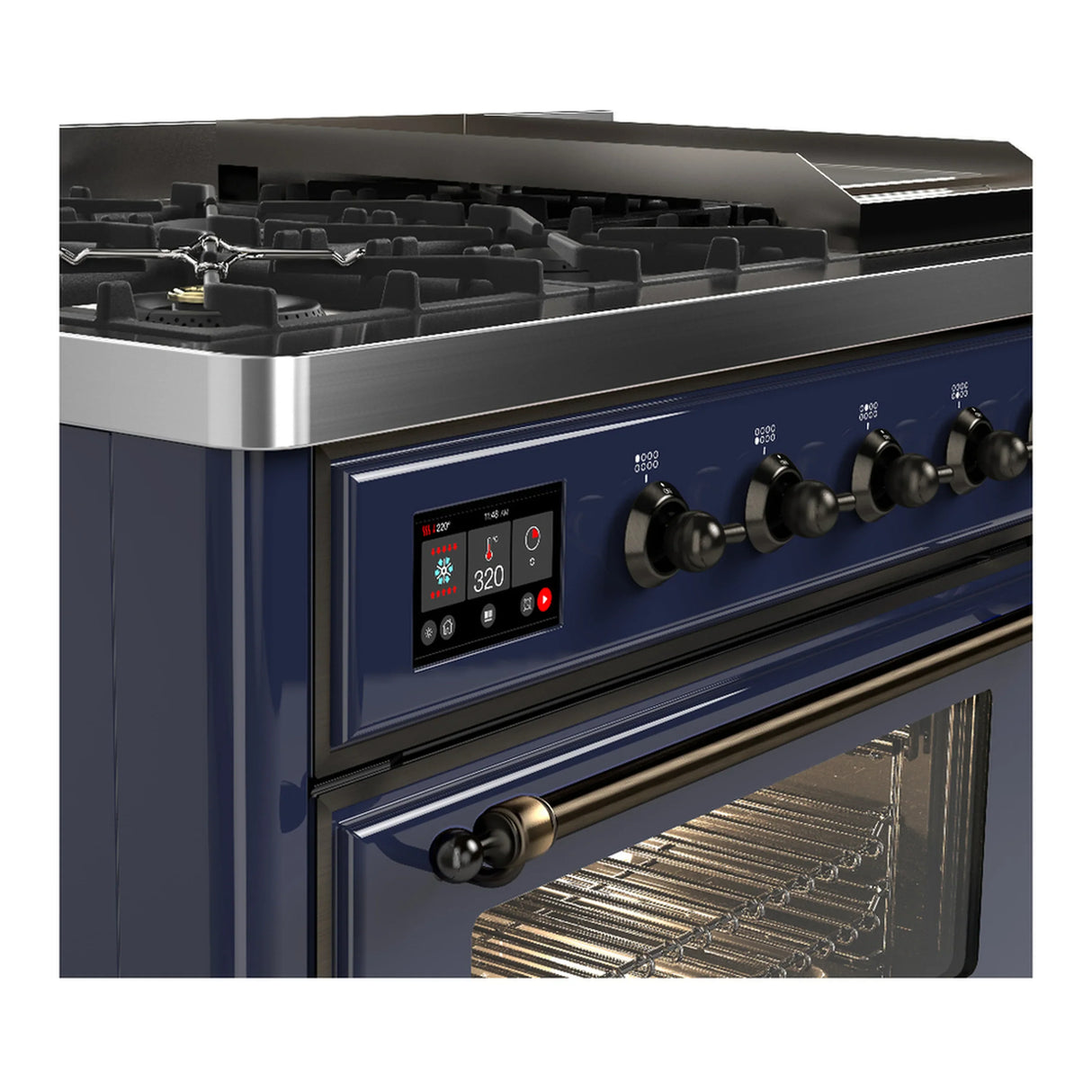 ILVE Majestic III 48-inch Dual Fuel Range with 5 Liquid Propane Burner, Griddle and Triple Glass Door Electric Oven in Midnight Blue with Copper Trim (UM48FNR3MBPLP)