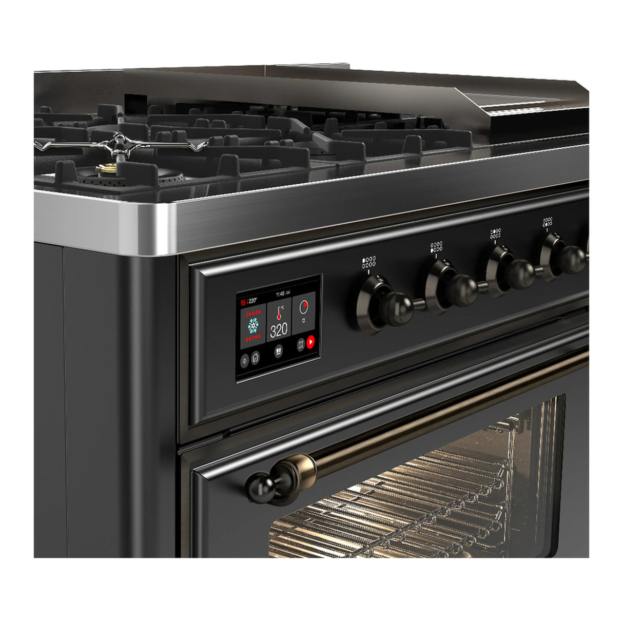 ILVE Majestic III 48-inch Dual Fuel Range with 5 Natural Gas Burner, Griddle and Triple Glass Door Electric Oven in Graphite Matte with Burnished Trim (UM48FNR3MGB)