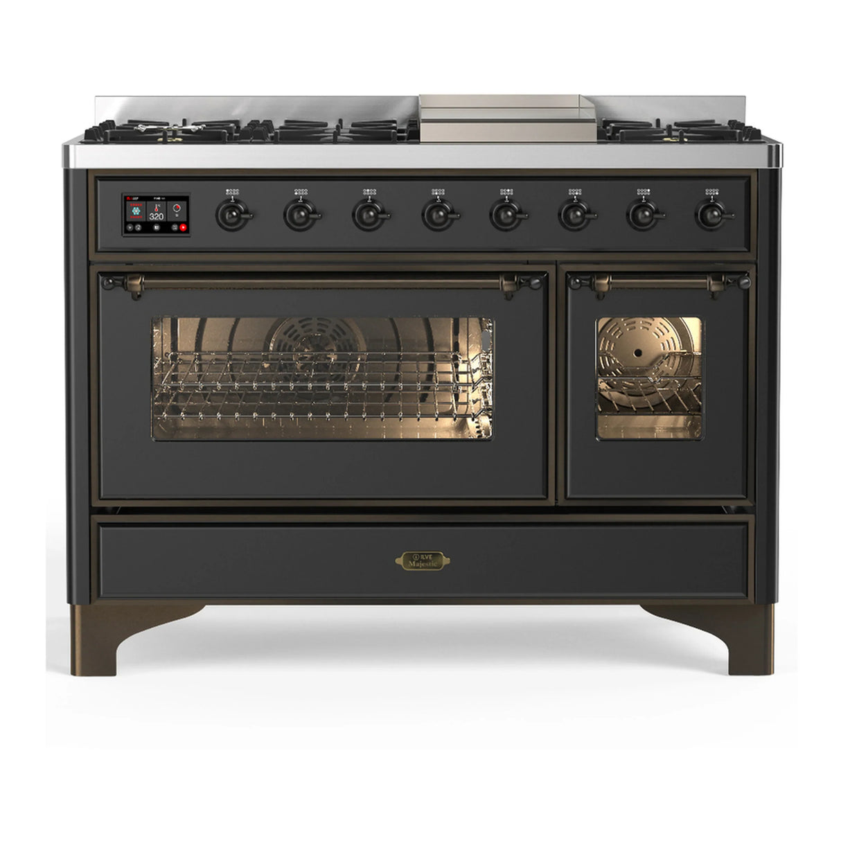 ILVE Majestic III 48-inch Dual Fuel Range with 5 Natural Gas Burner, Griddle and Triple Glass Door Electric Oven in Graphite Matte with Burnished Trim (UM48FNR3MGB)