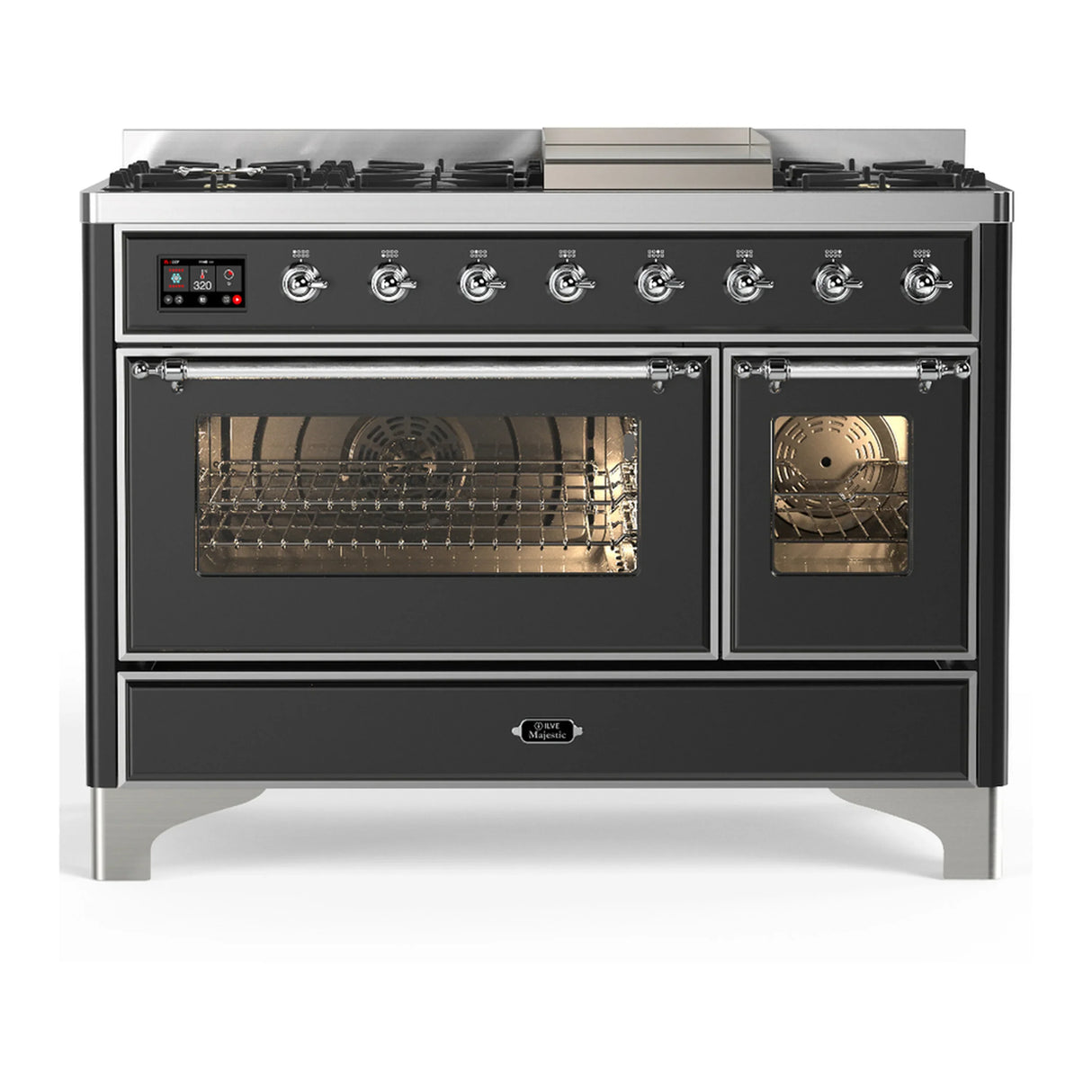 ILVE Majestic III 48-inch Dual Fuel Range with 5 Natural Gas Burner, Griddle and Triple Glass Door Electric Oven in Graphite Matte with Chrome Trim (UM48FNR3MGC)