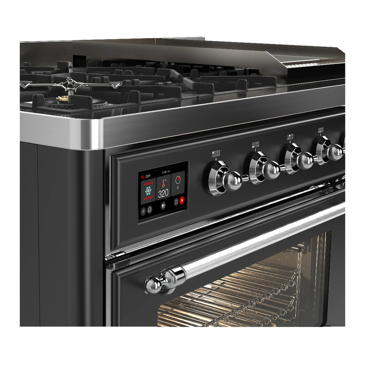 ILVE Majestic III 48-inch Dual Fuel Range with 5 Natural Gas Burner, Griddle and Triple Glass Door Electric Oven in Graphite Matte with Chrome Trim (UM48FNR3MGC)