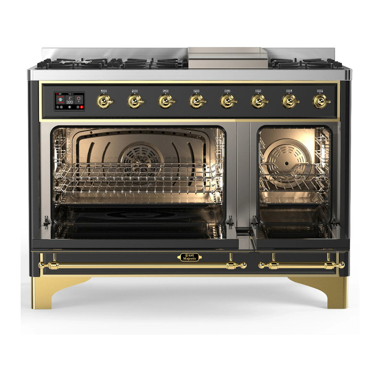 ILVE Majestic III 48-inch Dual Fuel Range with 5 Natural Gas Burner, Griddle and Triple Glass Door Electric Oven in Graphite Matte with Brass Trim (UM48FNR3MGG)