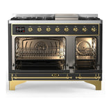 ILVE Majestic III 48-inch Dual Fuel Range with 5 Natural Gas Burner, Griddle and Triple Glass Door Electric Oven in Graphite Matte with Brass Trim (UM48FNR3MGG)