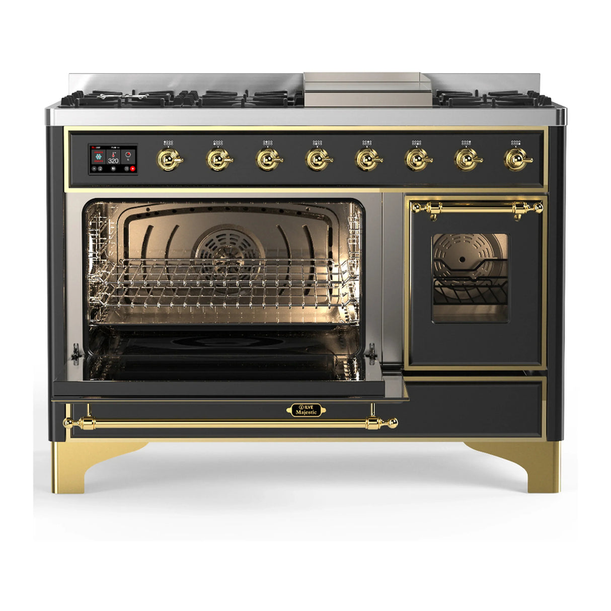 ILVE Majestic III 48-inch Dual Fuel Range with 5 Natural Gas Burner, Griddle and Triple Glass Door Electric Oven in Graphite Matte with Brass Trim (UM48FNR3MGG)