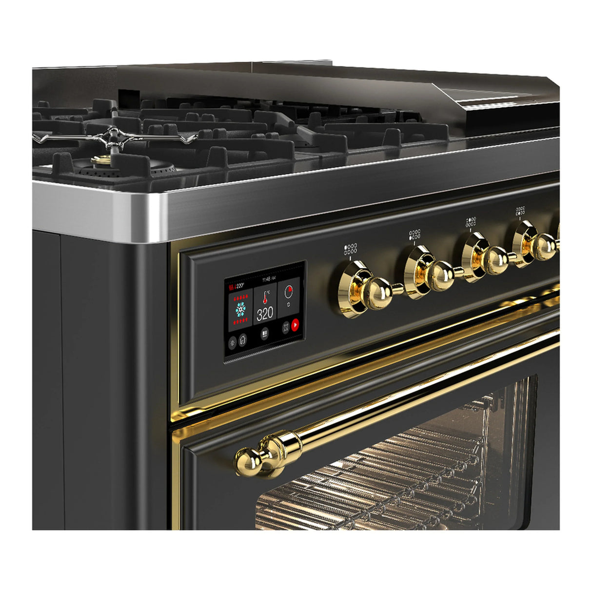 ILVE Majestic III 48-inch Dual Fuel Range with 5 Natural Gas Burner, Griddle and Triple Glass Door Electric Oven in Graphite Matte with Brass Trim (UM48FNR3MGG)