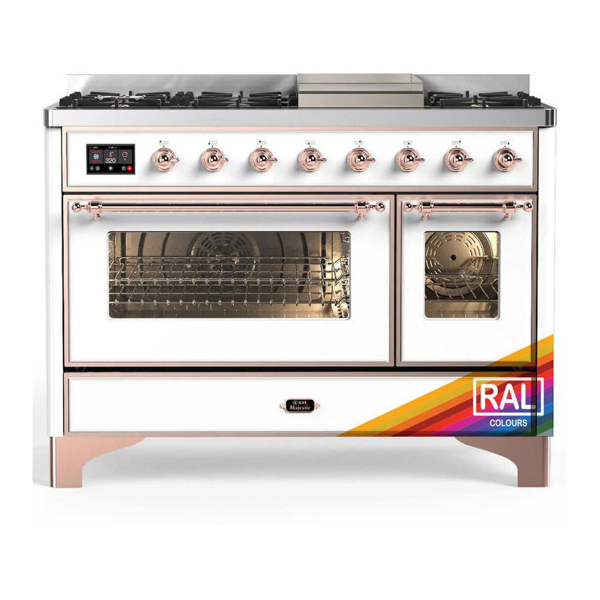 ILVE Majestic III 48-inch Dual Fuel Range with 5 Natural Gas Burner, Griddle and Triple Glass Door Electric Oven in RAL with Copper Trim (UM48FNR3RAP)